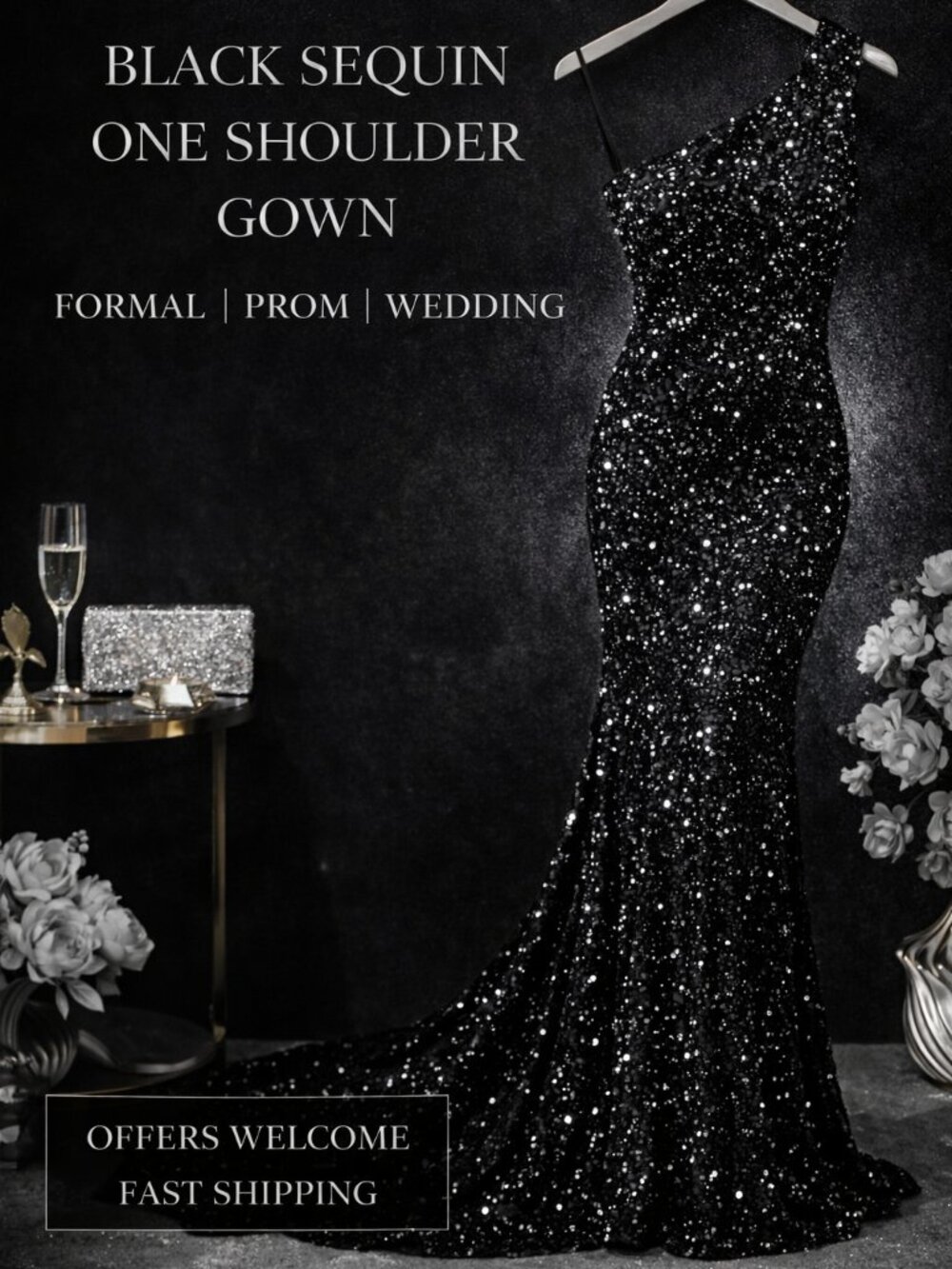 Bella Bloom Boutique Black Sequin One Shoulder Gown Formal Prom Dress Medium